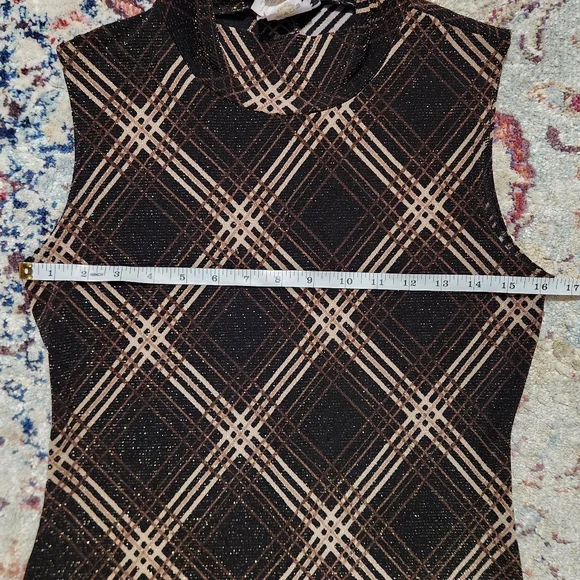 90s Y2K G.A.S. Metallic Plaid Brown Mockneck Mini Dress Size Medium - Picture 10 of 12